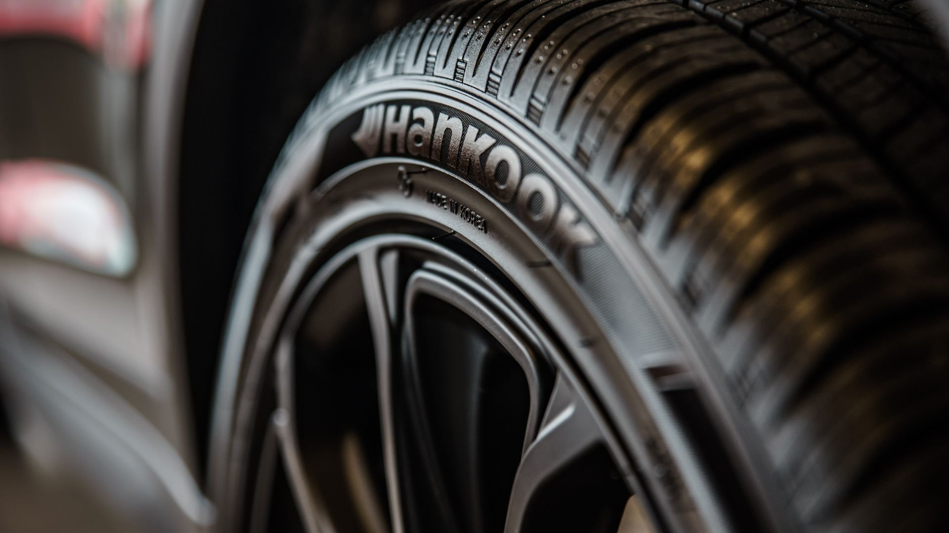 Close-up of a Hankook tire showing detailed tread and sidewall